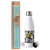 Easter Set, metallic stainless steel water bottle (750ml) & aromatic flat Easter candle (30cm) (TURQUOISE)