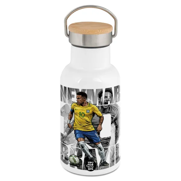 Neymar (Νεϊμάρ) — Metallic thermos (Stainless steel) White with wooden lid (bamboo), double-walled, 350ml