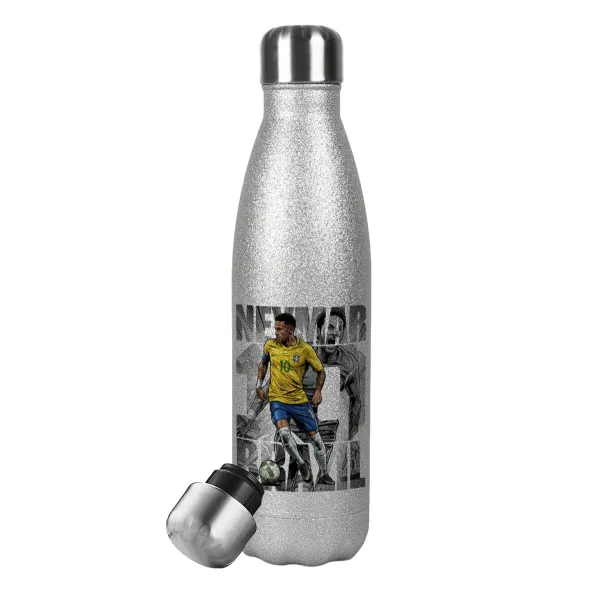 Neymar (Νεϊμάρ) — Metallic Glitter Silver Thermos Flask (Stainless steel), double-walled, 500ml