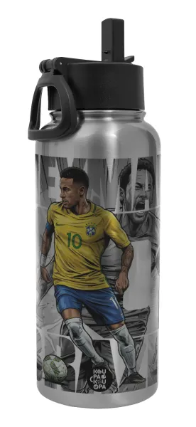 Neymar (Νεϊμάρ) — Μεταλλικό παγούρι θερμός Silver με καλαμάκι και χερούλι (Stainless steel), διπλού τοιχώματος, 950ml