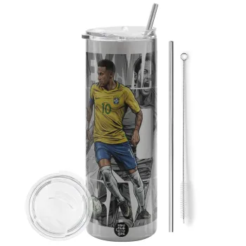 Neymar (Νεϊμάρ), Tumbler stainless steel Silver 600ml, with metal straw & cleaning brush
