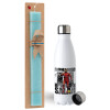 Easter Set, metallic stainless steel water bottle (750ml) & aromatic flat Easter candle (30cm) (TURQUOISE)