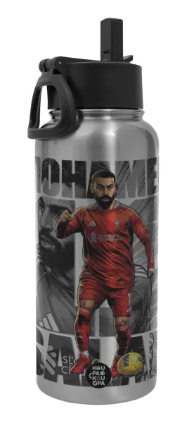 Mohamed Salah (Μοχάμεντ Σαλάχ) — Μεταλλικό παγούρι θερμός Silver με καλαμάκι και χερούλι (Stainless steel), διπλού τοιχώματος, 950ml