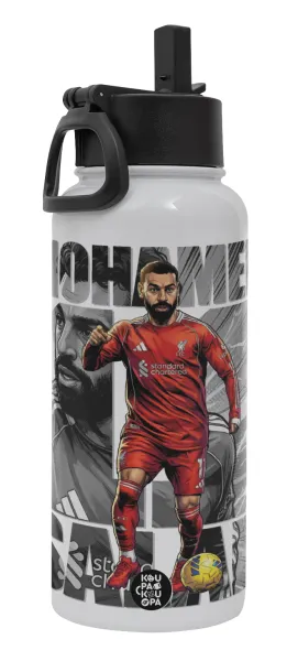 Mohamed Salah (Μοχάμεντ Σαλάχ) — Metal mug thermo White with Straw and Spout Lid (Stainless steel), double wall, 950ml