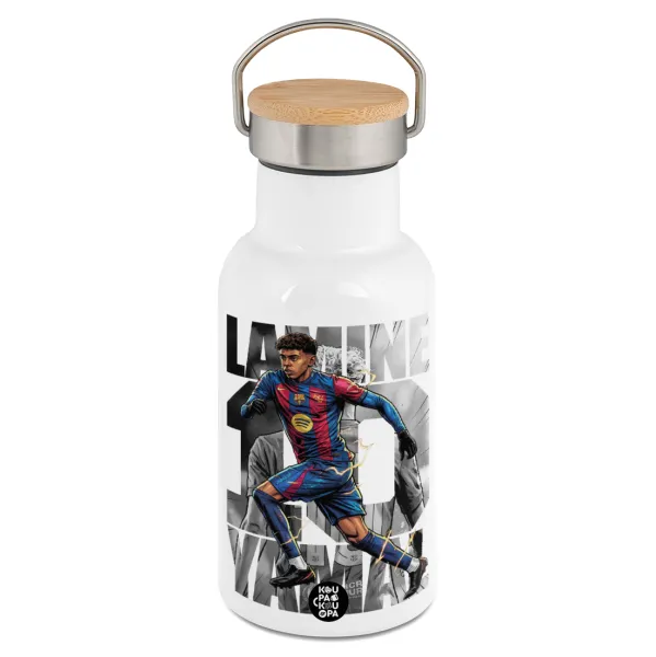 Lamine Yamal (Λαμίν Γιαμάλ) — Metallic thermos (Stainless steel) White with wooden lid (bamboo), double-walled, 350ml