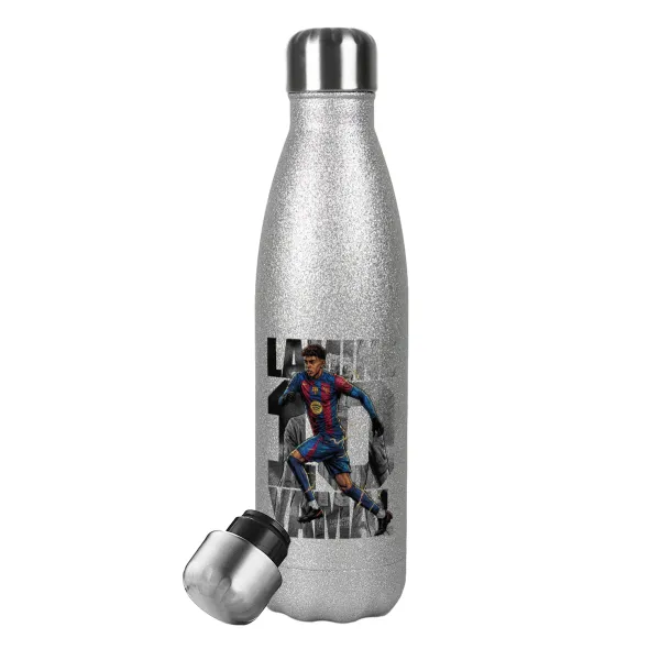 Lamine Yamal (Λαμίν Γιαμάλ) — Metallic Glitter Silver Thermos Flask (Stainless steel), double-walled, 500ml