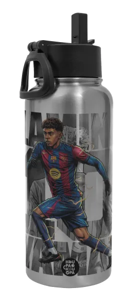 Lamine Yamal (Λαμίν Γιαμάλ) — Metal mug thermo Silver with Straw and Spout Lid (Stainless steel), double wall, 950ml