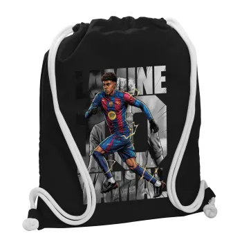 Lamine Yamal (Λαμίν Γιαμάλ), Τσάντα πλάτης πουγκί GYMBAG Μαύρη, με τσέπη (40x48cm) & χονδρά λευκά κορδόνια