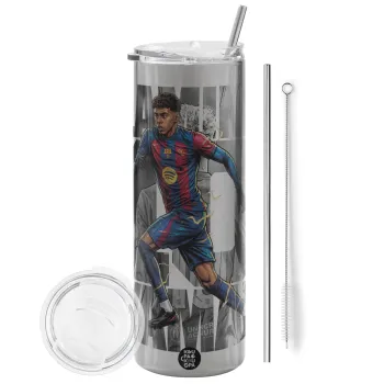 Lamine Yamal (Λαμίν Γιαμάλ), Tumbler ποτήρι θερμό Ασημένιο από ανοξείδωτο ατσάλι 600ml, με μεταλλικό καλαμάκι & βούρτσα καθαρισμού