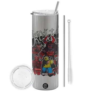 Roblox Forsaken, Tumbler stainless steel Silver 600ml, with metal straw & cleaning brush