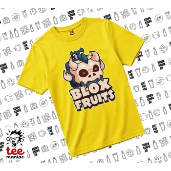 Roblox Blox Fruits, yellow childrens T-Shirt made of 100% cotton, for every day. Vegan & OEKO-TEX certified.