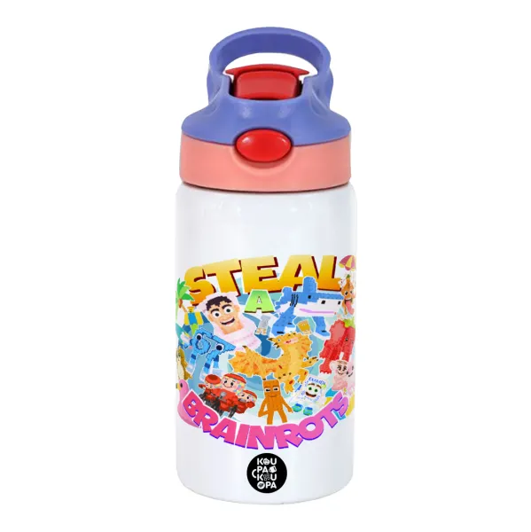 Roblox Steal a Brainrot — Children's hot water bottle, stainless steel, with safety straw, pink/purple (350ml)