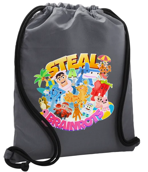 Roblox Steal a Brainrot — Τσάντα πλάτης πουγκί GYMBAG ΓΚΡΙ, με τσέπη (40x48cm) & χονδρά κορδόνια