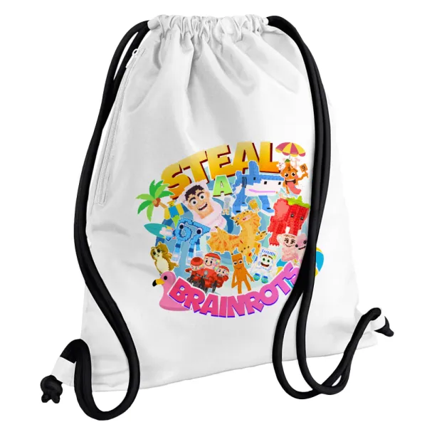 Roblox Steal a Brainrot — Backpack pouch GYMBAG white, with pocket (40x48cm) & thick cords