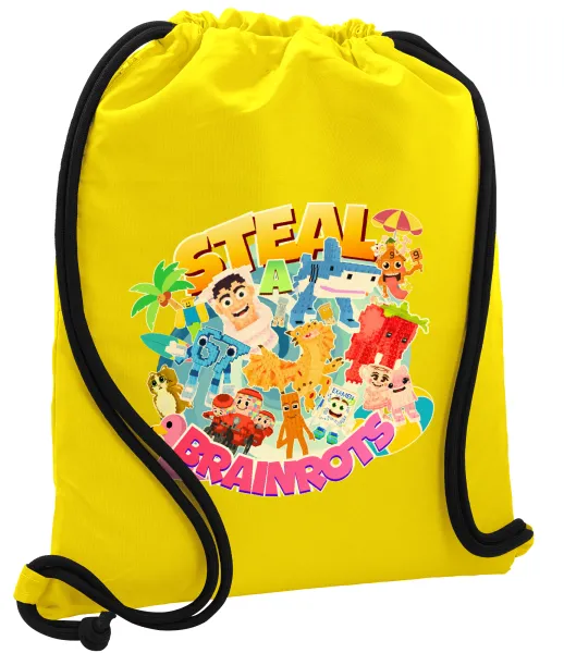 Roblox Steal a Brainrot — Backpack pouch GYMBAG Yellow, with pocket (40x48cm) & thick cords