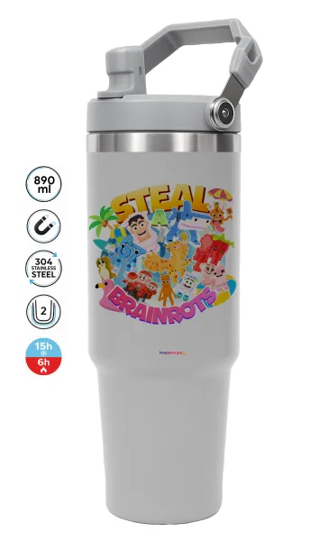Roblox Steal a Brainrot — GREY Travel Tumbler with Handle 890ml