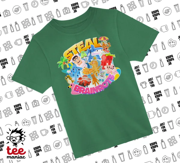 Roblox Steal a Brainrot — GREEN childrens T-Shirt made of 100% cotton, for every day. Vegan & OEKO-TEX certified.