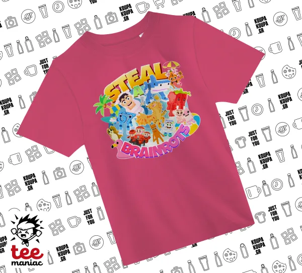 Roblox Steal a Brainrot — PINK childrens T-Shirt made of 100% cotton, for every day. Vegan & OEKO-TEX certified.