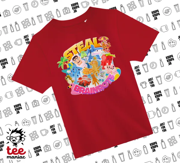 Roblox Steal a Brainrot — RED childrens T-Shirt made of 100% cotton, for every day. Vegan & OEKO-TEX certified.
