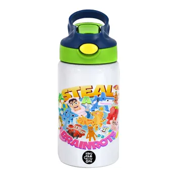 Roblox Steal a Brainrot, Children's hot water bottle, stainless steel, with safety straw, green, blue (350ml)