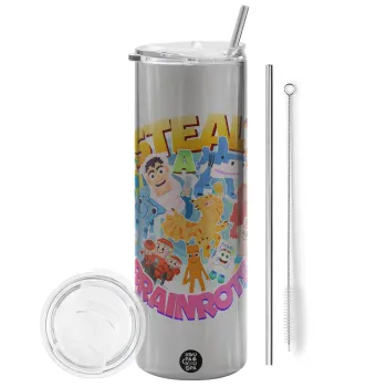 Roblox Steal a Brainrot, Tumbler stainless steel Silver 600ml, with metal straw & cleaning brush