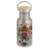 Stainless steel metallic thermos flask, silver with a bamboo lid, double-walled, 350ml.
