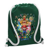 Backpack pouch GYMBAG BOTTLE GREEN, with pocket (40x48cm) & thick white cords
