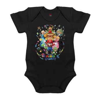 Mario Galaxy, Βρεφικό φορμάκι μωρού, 0-18 μηνών, ΜΑΥΡΟ, 100% Organic Cotton, κοντομάνικο