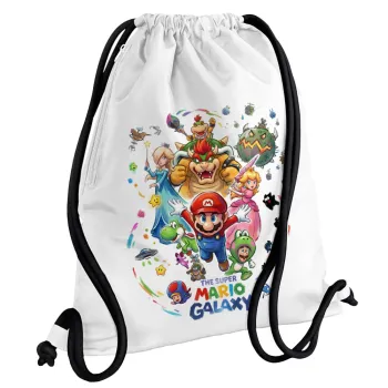 Mario Galaxy, Τσάντα πλάτης πουγκί GYMBAG λευκή, με τσέπη (40x48cm) & χονδρά κορδόνια