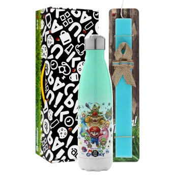 Mario Galaxy, Πασχαλινή Λαμπάδα με Μεταλλικό παγούρι θερμός Πράσινο/Λευκό (Stainless steel), διπλού τοιχώματος, 500ml & κερί αρωματικό πλακέ (30cm) (ΤΙΡΚΟΥΑΖ)