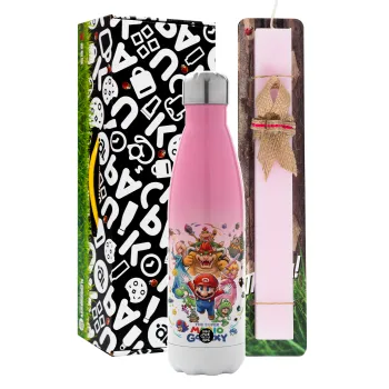 Mario Galaxy, Πασχαλινή Λαμπάδα με Μεταλλικό παγούρι θερμός Ροζ/Λευκό (Stainless steel), διπλού τοιχώματος, 500ml & κερί αρωματικό πλακέ (30cm) (ΡΟΖ)