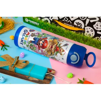 Mario Galaxy, Πασχαλινή Λαμπάδα με Παιδικό παγούρι θερμό, ανοξείδωτο, με καλαμάκι ασφαλείας, ΜΠΛΕ (500ml)