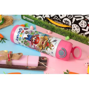 Mario Galaxy, Πασχαλινή Λαμπάδα με Παιδικό παγούρι θερμό, ανοξείδωτο, με καλαμάκι ασφαλείας, ΡΟΖ (500ml)