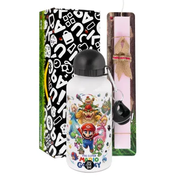 Mario Galaxy, Πασχαλινή Λαμπάδα με παγούρι μεταλλικό αλουμινίου (500ml) & κερί αρωματικό πλακέ (30cm) (ΡΟΖ)