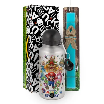 Mario Galaxy, Πασχαλινή Λαμπάδα με παγούρι μεταλλικό Ασημένιο αλουμινίου (500ml) & κερί αρωματικό πλακέ (30cm) (ΤΙΡΚΟΥΑΖ)