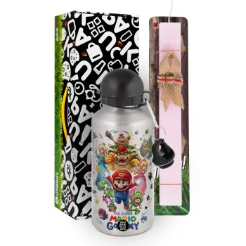 Mario Galaxy, Πασχαλινή Λαμπάδα με παγούρι μεταλλικό Ασημένιο αλουμινίου (500ml) & κερί αρωματικό πλακέ (30cm) (ΡΟΖ)