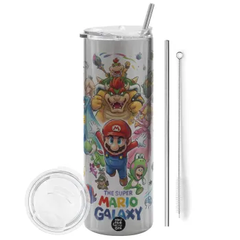 Mario Galaxy, Tumbler ποτήρι θερμό Ασημένιο από ανοξείδωτο ατσάλι 600ml, με μεταλλικό καλαμάκι & βούρτσα καθαρισμού