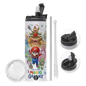 Mario Galaxy, Travel Tumbler θερμό με διπλό καπάκι, μεταλλικό καλαμάκι και βούρτσα καθαρισμού (Ανωξείδωτο 304 Food grade, BPA free, 600ml)