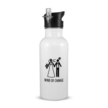 Couple Wind of Change, White water bottle with straw, stainless steel 600ml