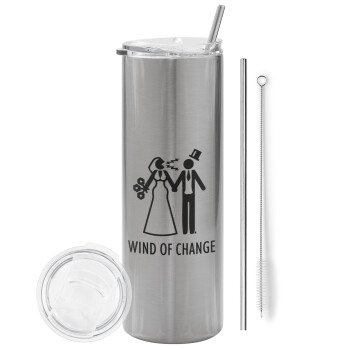 Couple Wind of Change, Eco friendly stainless steel Silver tumbler 600ml, with metal straw & cleaning brush
