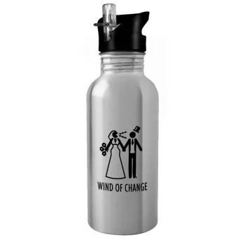 Couple Wind of Change, Water bottle Silver with straw, stainless steel 600ml