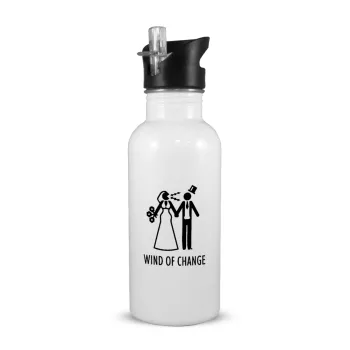 Couple Wind of Change, White water bottle with straw, stainless steel 600ml