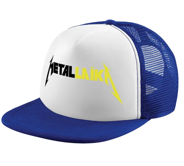 Metallaika — Adult Soft Trucker Hat with Blue/White Mesh (POLYESTER, ADULT, UNISEX, ONE SIZE)