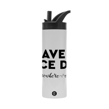 Have a nice day somewhere else, Μεταλλικό παγούρι θερμός με καλαμάκι & χειρολαβή, ανοξείδωτο ατσάλι (Stainless steel 304), διπλού τοιχώματος, 600ml