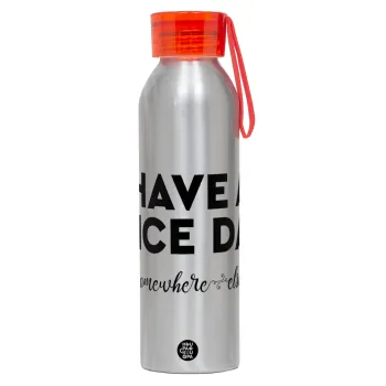 Have a nice day somewhere else, Αλουμινένιο Αθλητικό Μπουκάλι 650ml – Ασημί με Κόκκινο Καπάκι και Λουράκι Σιλικόνης