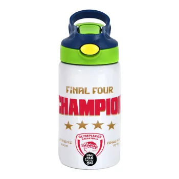 Olympiacos B.C. Final 4 2025-26, Children's hot water bottle, stainless steel, with safety straw, green, blue (350ml)