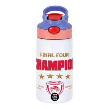 Olympiacos B.C. Final 4 2025-26, Children's hot water bottle, stainless steel, with safety straw, pink/purple (350ml)