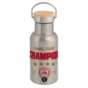 Olympiacos B.C. Final 4 2025-26, Μεταλλικό παγούρι θερμός (Stainless steel) Ασημένιο με ξύλινο καπακι (bamboo), διπλού τοιχώματος, 350ml