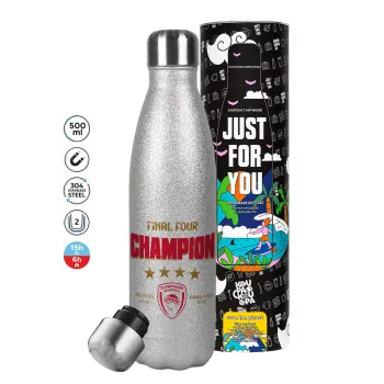 Olympiacos B.C. Final 4 2025-26, Metallic Glitter Silver Thermos Flask (Stainless steel), double-walled, 500ml