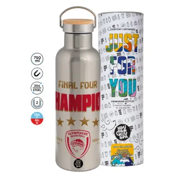 Olympiacos B.C. Final 4 2025-26, Μεταλλικό παγούρι θερμός (Stainless steel) Ασημένιο με ξύλινο καπακι (bamboo), διπλού τοιχώματος, 750ml